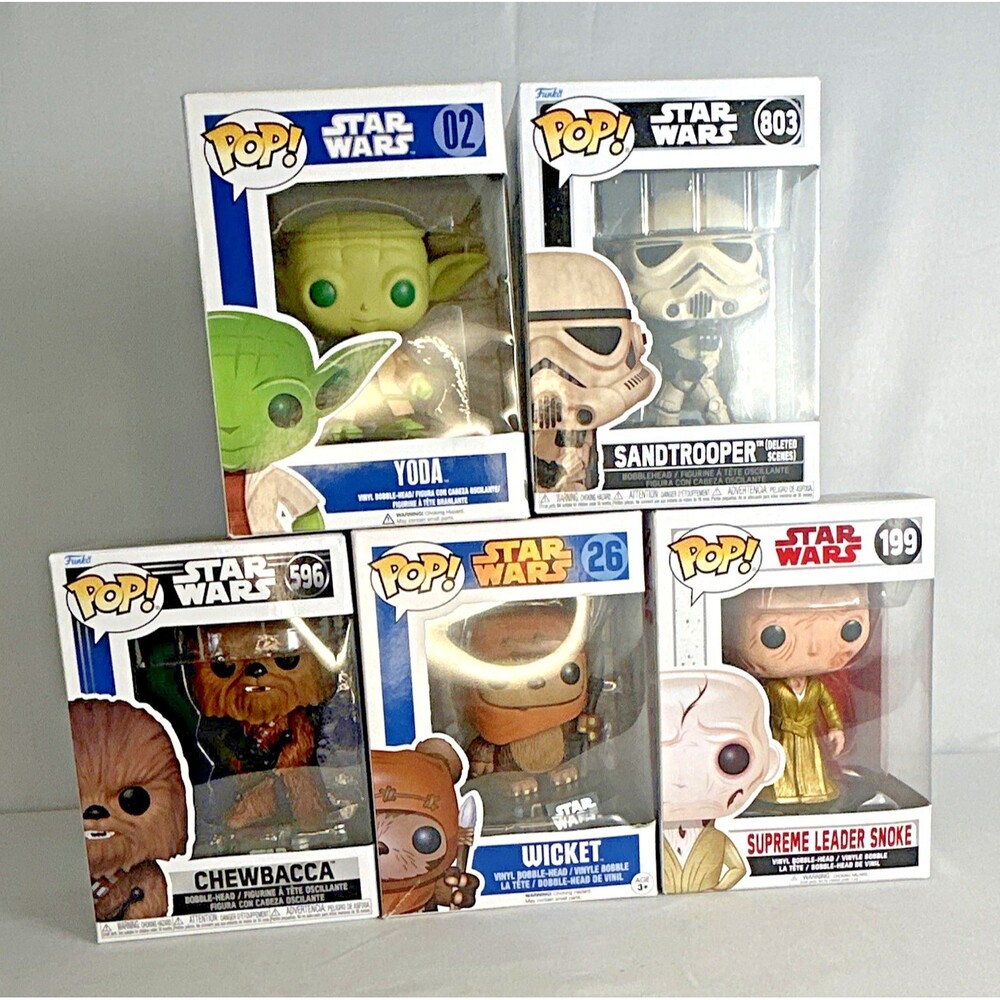 Star Wars Funko Pop lot of 5 Wicket  26 vaulted Yoda Chewbacca Sandtrooper Snoke